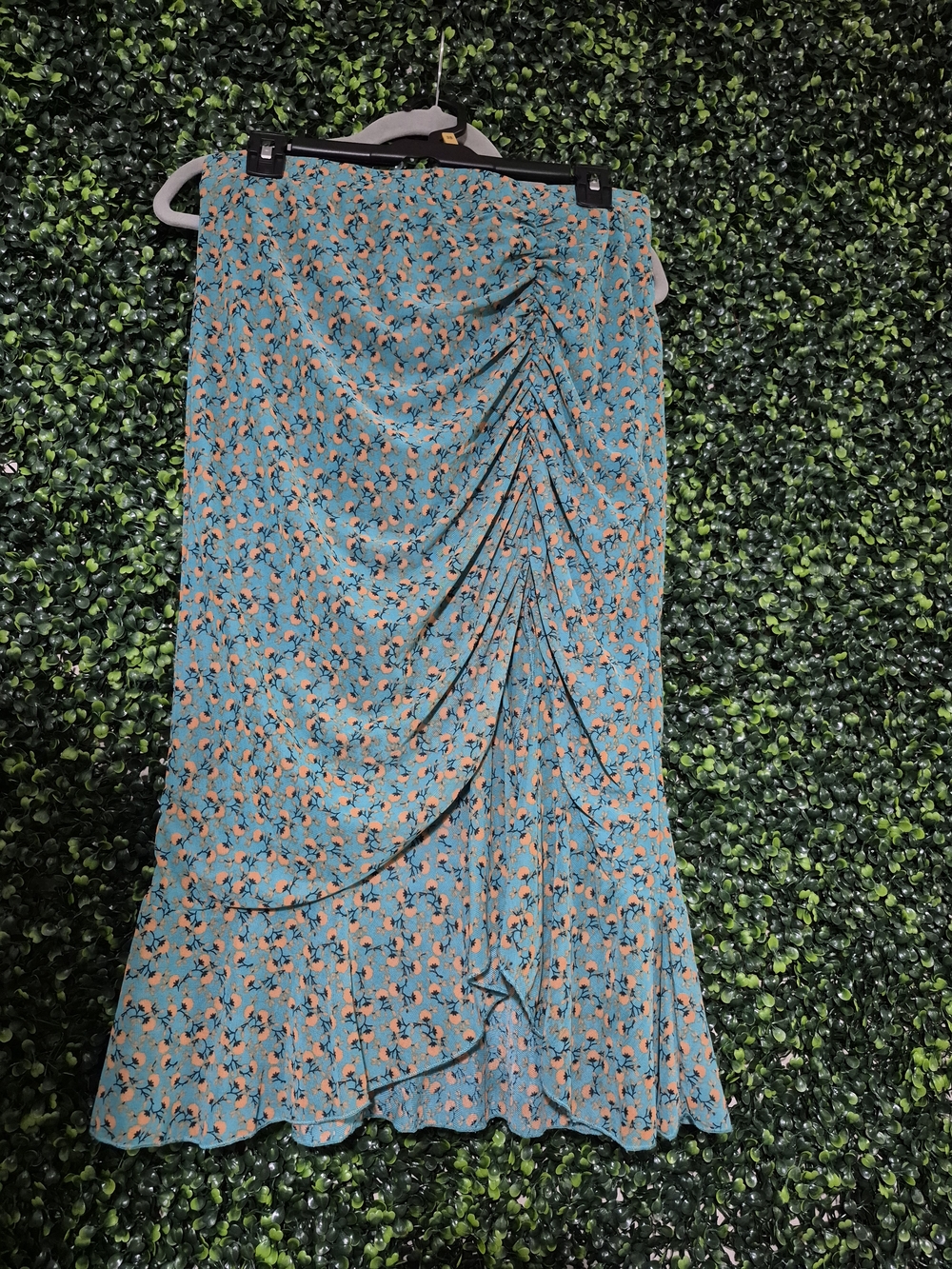 Aqua Floral Ruched Midi Skirt